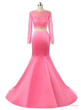 Hot Pink Two Piece Lace Bodice Prom dress With Long Sleeve Custom Made Formal Dress